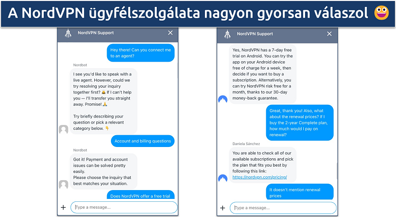 Screenshot of a chat with NordVPN's customer support 