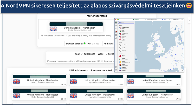 Screenshot of NordVPN's leak protection test