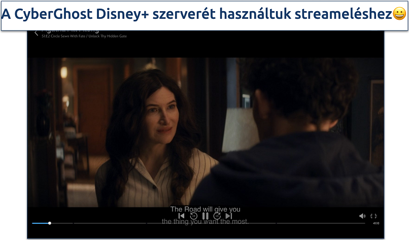 Screenshot of Disney+ streaming with CyberGhost connected