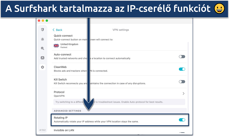 Screenshot of Surfshark's Settings menus with the Rotating IP feature highlighted