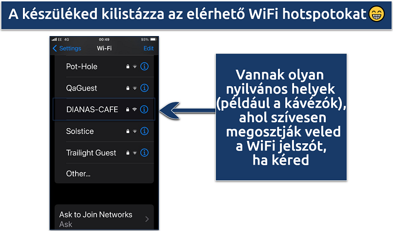 Screenshot showing the available WiFi hotspots on an iPhone