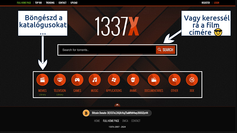 Screenshot of the 1337x home page