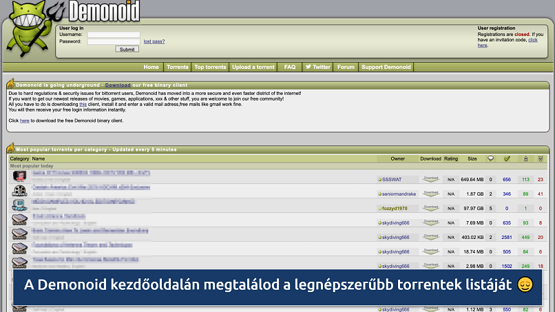 Screenshot of the Demonoid homepage