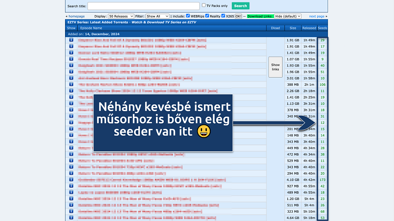 Screenshot of the eztv search results page