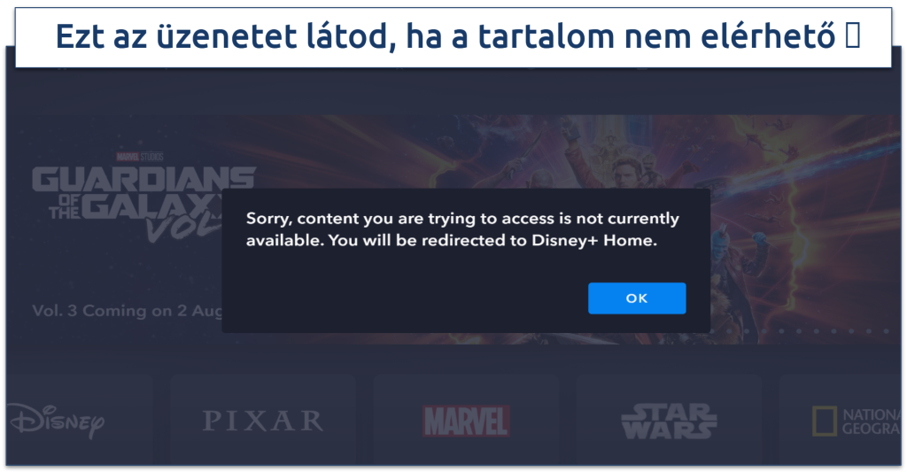 Pillanatkép a Disney Plus korlátozott tartalom hibaüzenetről