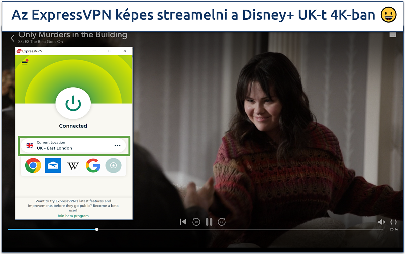 Az ExpressVPN-hez csatlakozott East London szerverrel mutatott 'Only Murders in the Building' képernyőkép