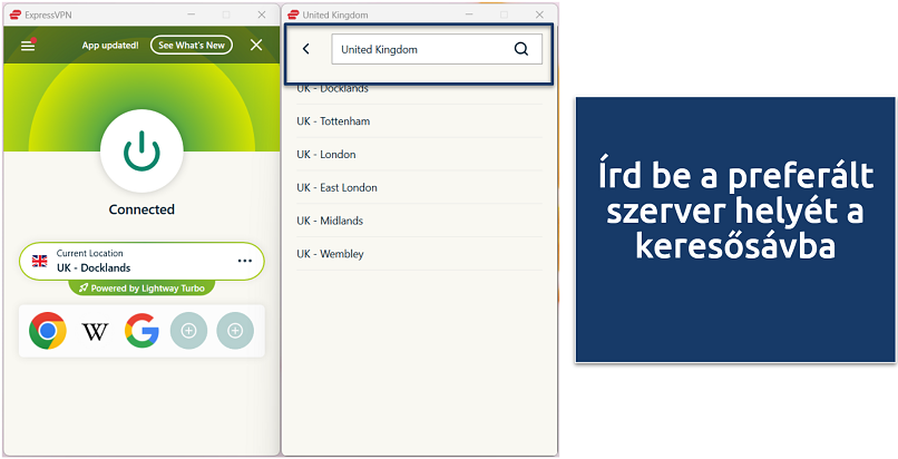 Az ExpressVPN app képernyőképe, amely egy adott szerverhez való csatlakozást mutat
