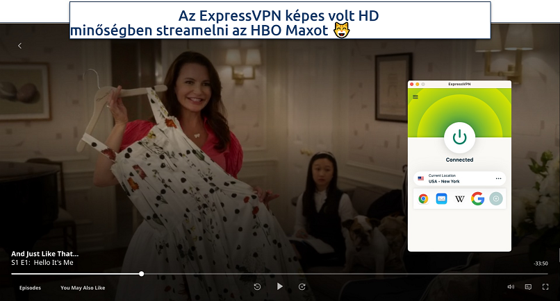 Screenshot of the movie streaming on HBO Max with the ExpressVPN app in the background