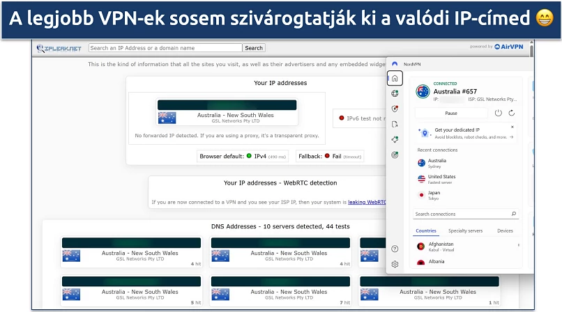 Screenshot of NordVPN's Windows app connected to the Australia Sydney server while leak tests are performed on ipleak.net