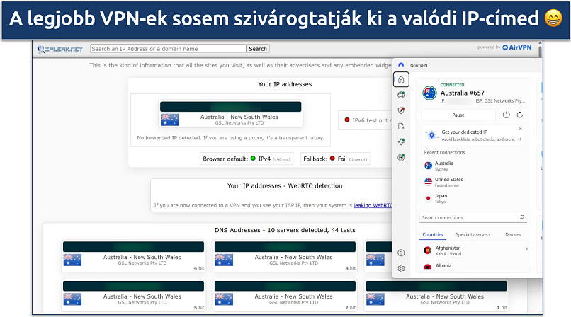 Screenshot of NordVPN's Windows app connected to the Australia Sydney server while leak tests are performed on ipleak.net