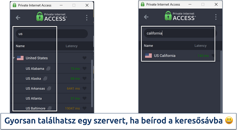 Screenshot of Private Internet Access' Windows app highlighting how to use the server search bar