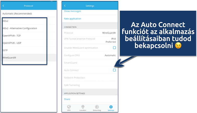 Screenshot showing how to enable Auto Connection on hide.me's Android app