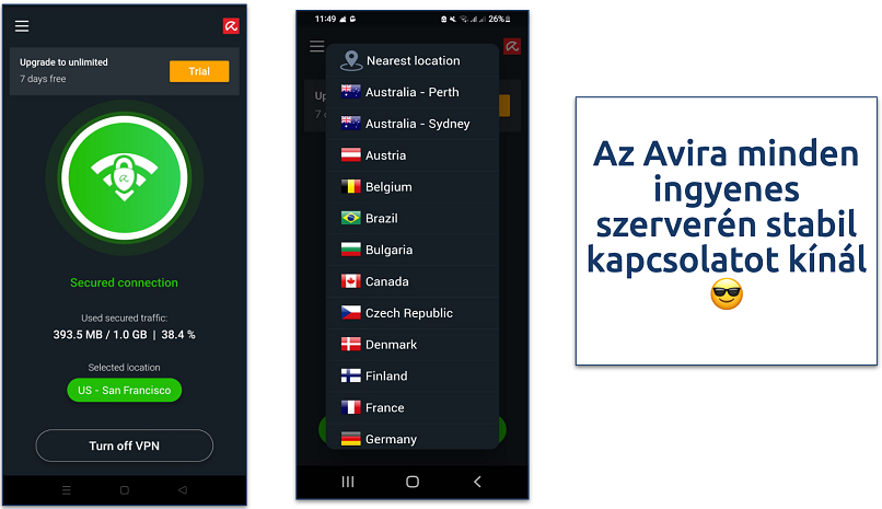 Screenshot of Avira Phantom VPN server list