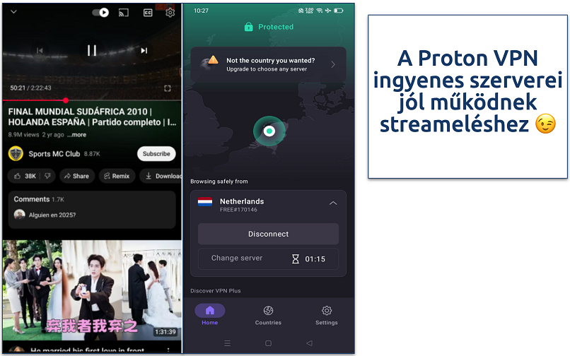 A YouTube video streaming on Android with Proton VPN connected