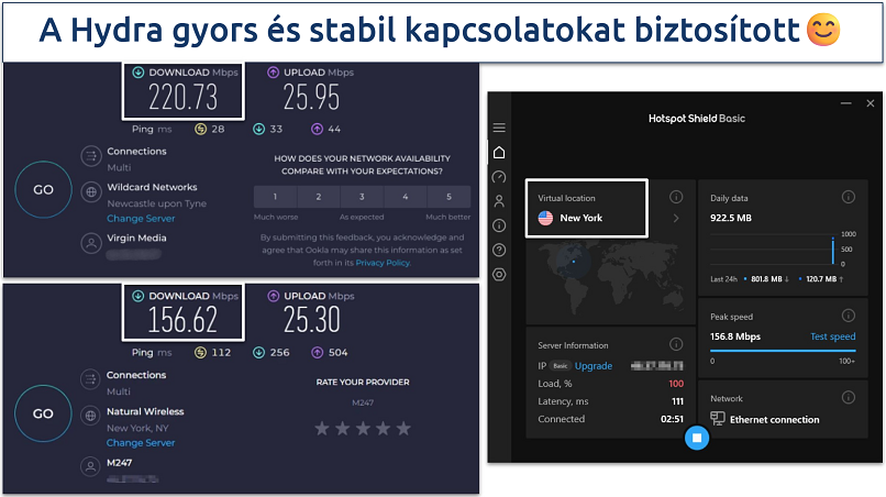 Screenshot of Hotspot Shield's speed test results