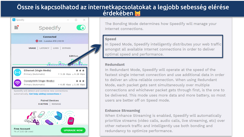 Screenshot of Speedify's free Windows app showing the Bonding feature