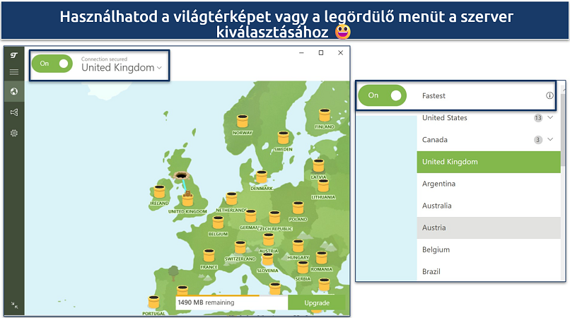 Screenshot of TunnelBear's free Windows VPN app showing server map and drop-down list