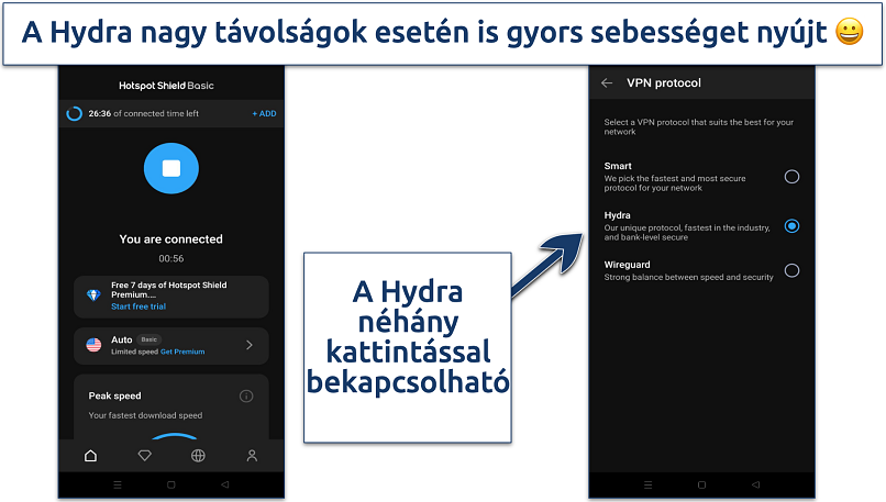 Screenshot showing how to enable Hotspot Shield's Hydra protocol