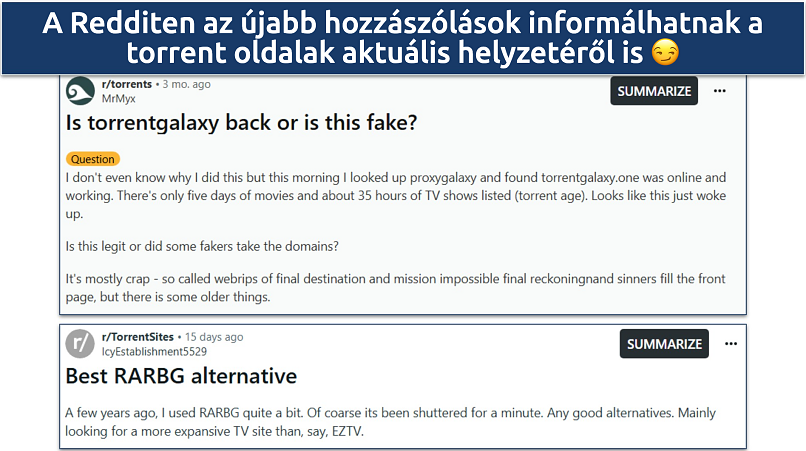 Screenshot of Reddit posts talking about TorrentGalaxy and RARBG