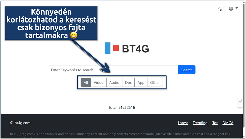 Screenshot of the BT4G home search page