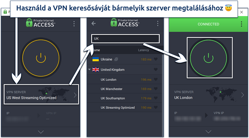 Screenshot showing how to connect to a server on the PIA Windows app