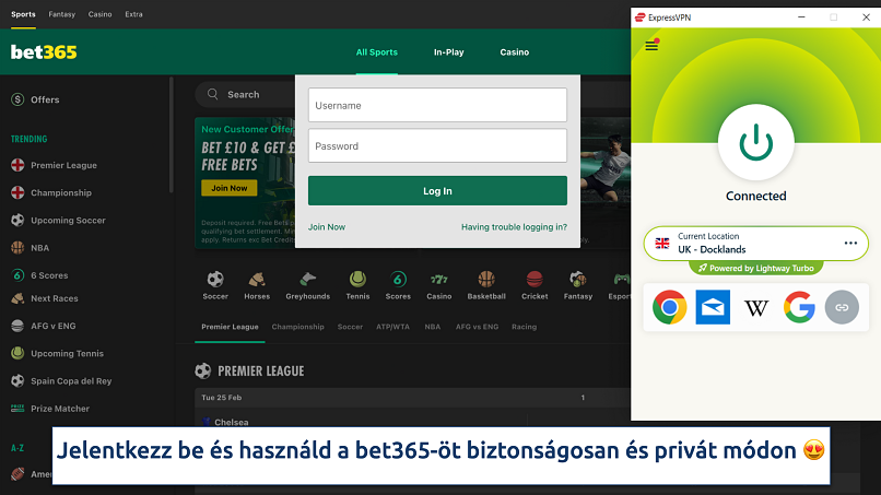 Screenshot showing the ExpressVPN app connected to a UK server over the bet365 login page