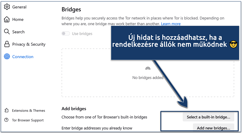 Screenshot of Tor Browser’s bridge configuration page with an arrow pointing to the option for selecting a built-in bridge