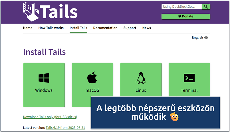 Screenshot of the Tails OS installation page showing options for Windows, macOS, Linux, and Terminal