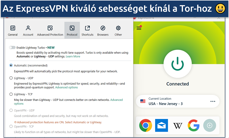 Screenshot showing ExpressVPN connected to a U.S. server with protocol settings displayed on the left panel