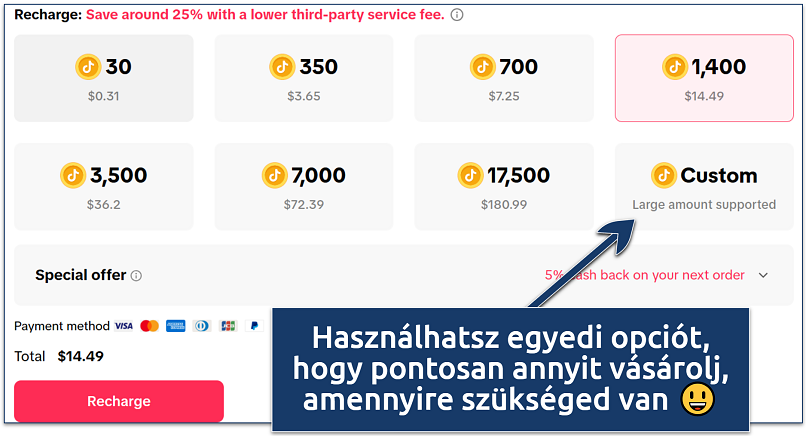 Screenshot of TikTok recharge page highlighting coin bundle options
