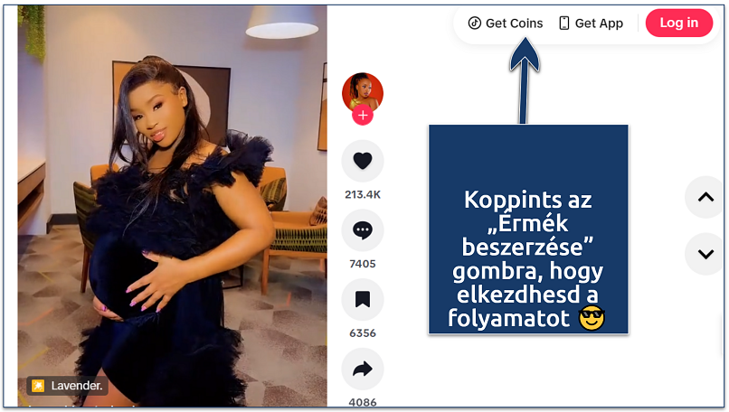 Screenshot showing the TikTok interface with an arrow pointing to the “Get Coins” button at the top right