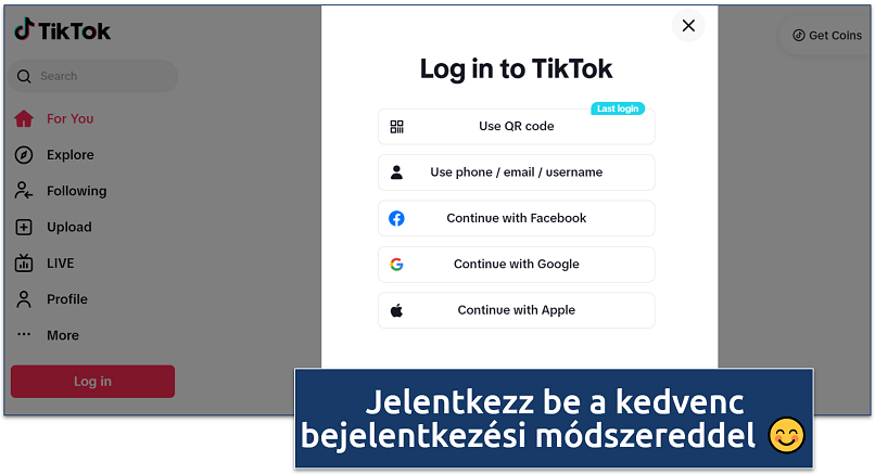 Screenshot of TikTok login page showing login options
