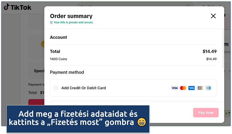 Screenshot of TikTok order summary showing purchase together with payment options