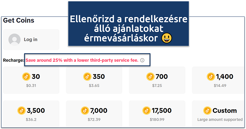Screenshot of TikTok coin recharge page showing different purchase options