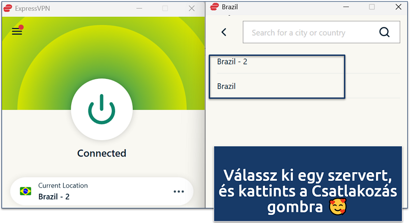 Screenshot of ExpressVPN connected to Brazil, showing the location selection menu for choosing different servers